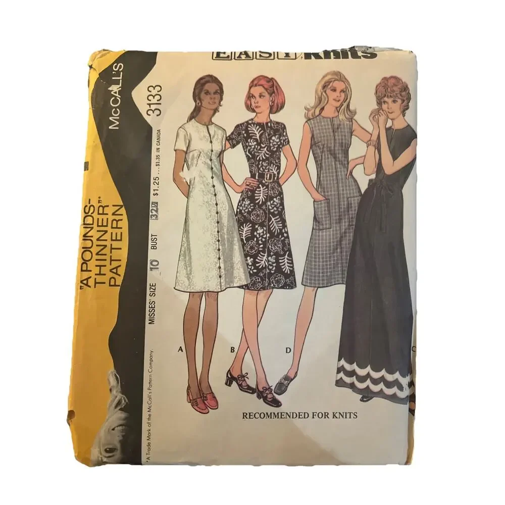 VINTAGE 1972 McCALLS 3133 Easy Knits DRESS PATTERN Misses Size 10 Bust 32.5